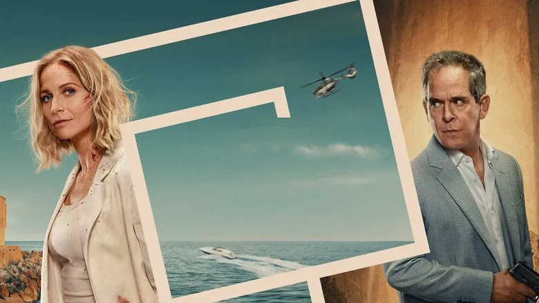 Niamh Algar as Iris Nixon, tense and calculating in a sunlit Italian piazza