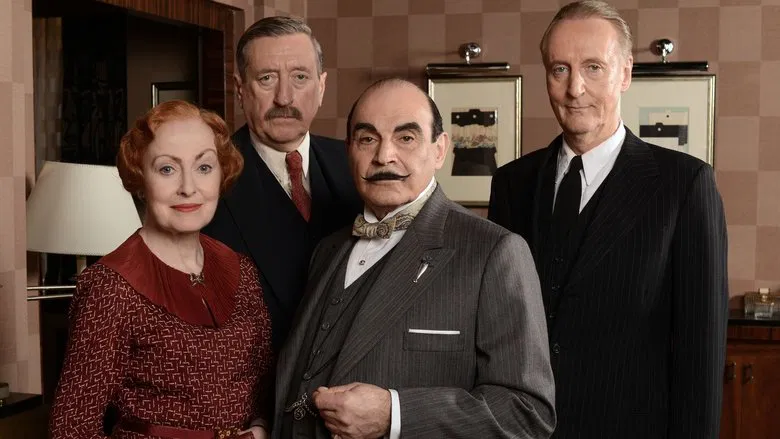 David Suchet as Hercule Poirot observing a scene with his signature attention to detail