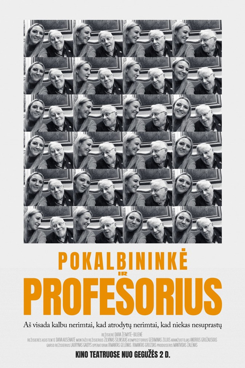 Pokalbininkė ir profesorius poster background